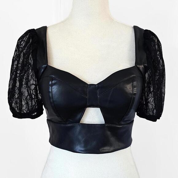 Haute Monde Tops - Chic Black Faux Leather & Lace Puff Sleeve Crop Top Haute Monde